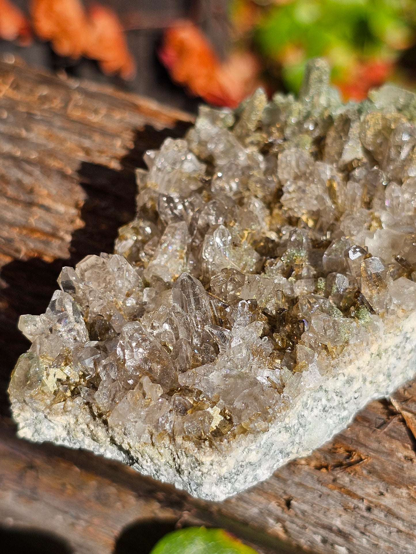Druse Quartz fumé des Pyrénées avec épidote