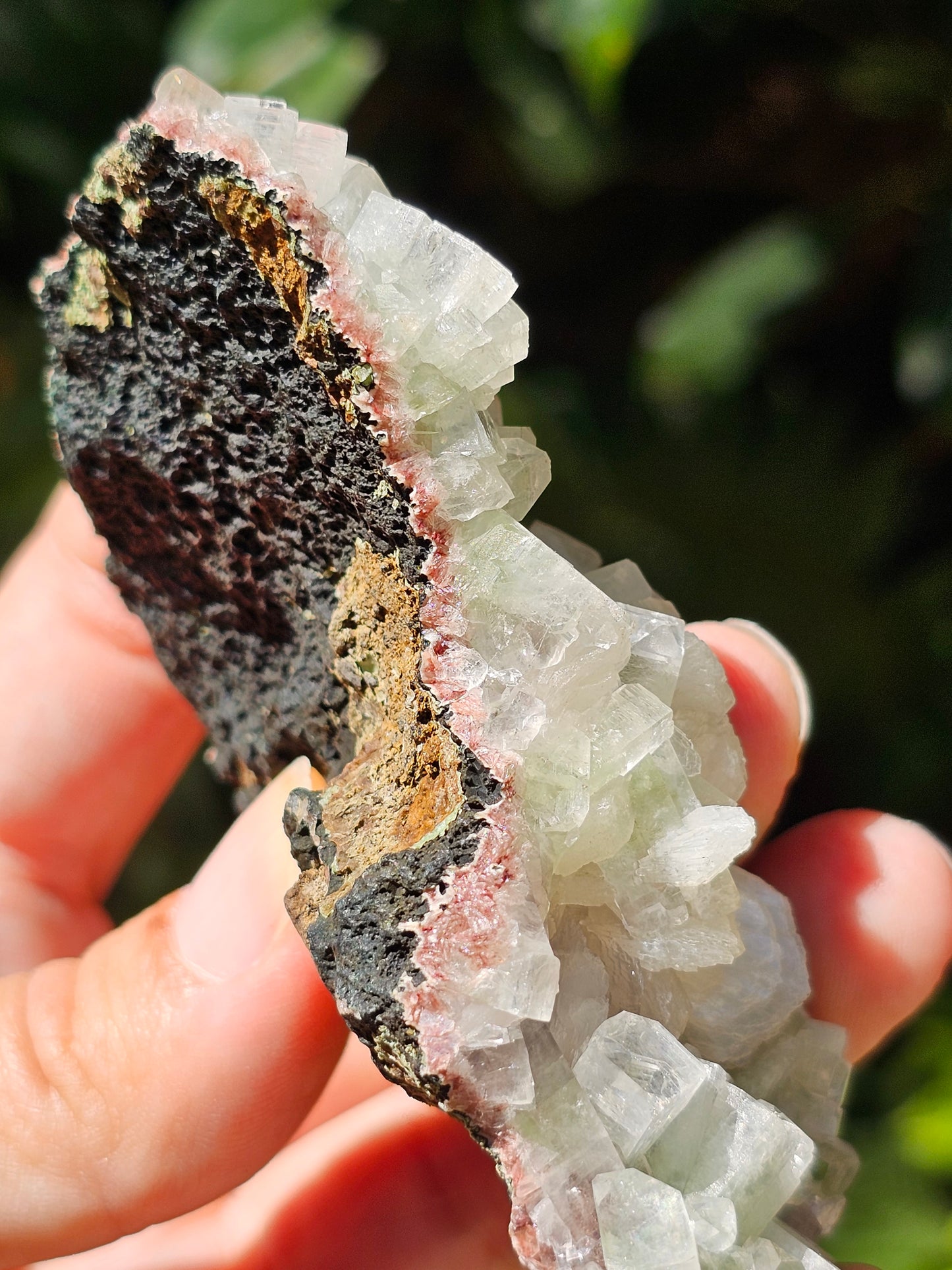 Apophyllite verte et stilbite sur heulandite rouge G
