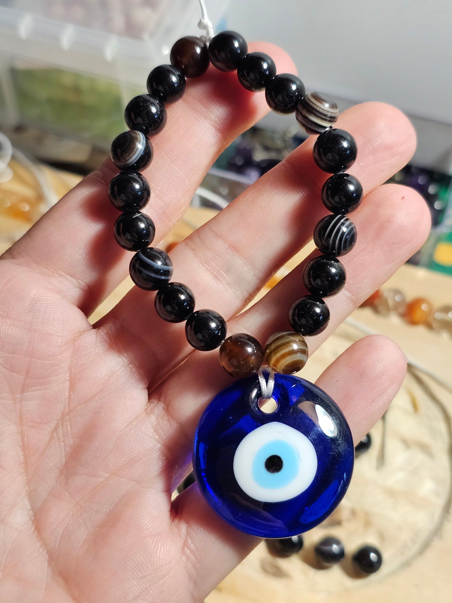 Amulette de protection Oeil de Nazar et perles agate oeil/ tourmaline