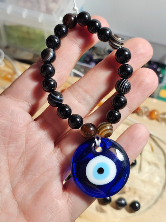 Amulette de protection Oeil de Nazar et perles agate oeil/ tourmaline