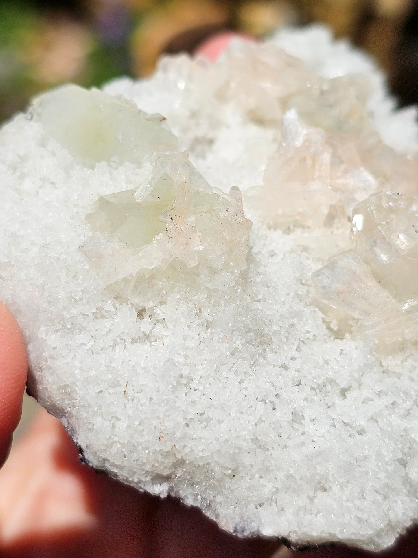 Apophyllite, apophyllite verte, stilbite sur Calcédoine blanche A