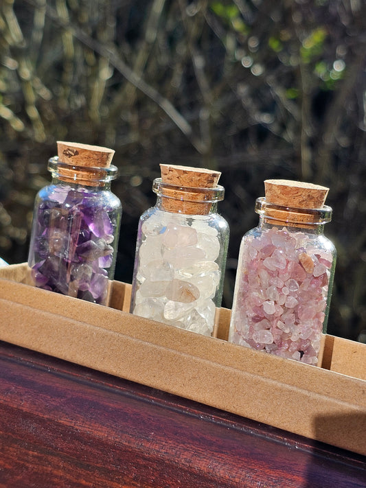 Coffret Fioles Améthyste/Quartz rose/Cristal de roche