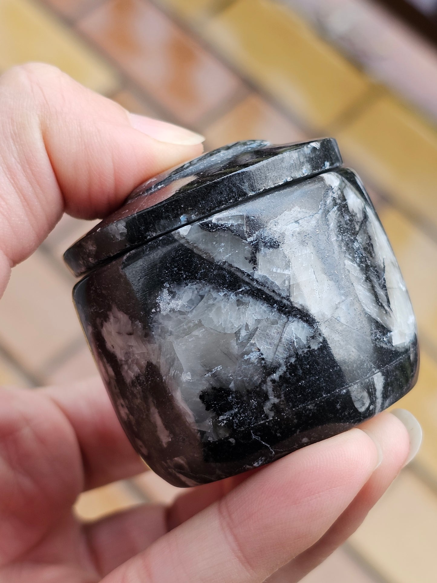 Petite boîte en Orthoceras avec chips de cristal de roche E