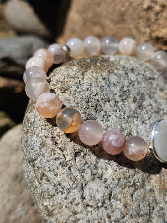 Bracelet Pierre de lune et Agate flleurs