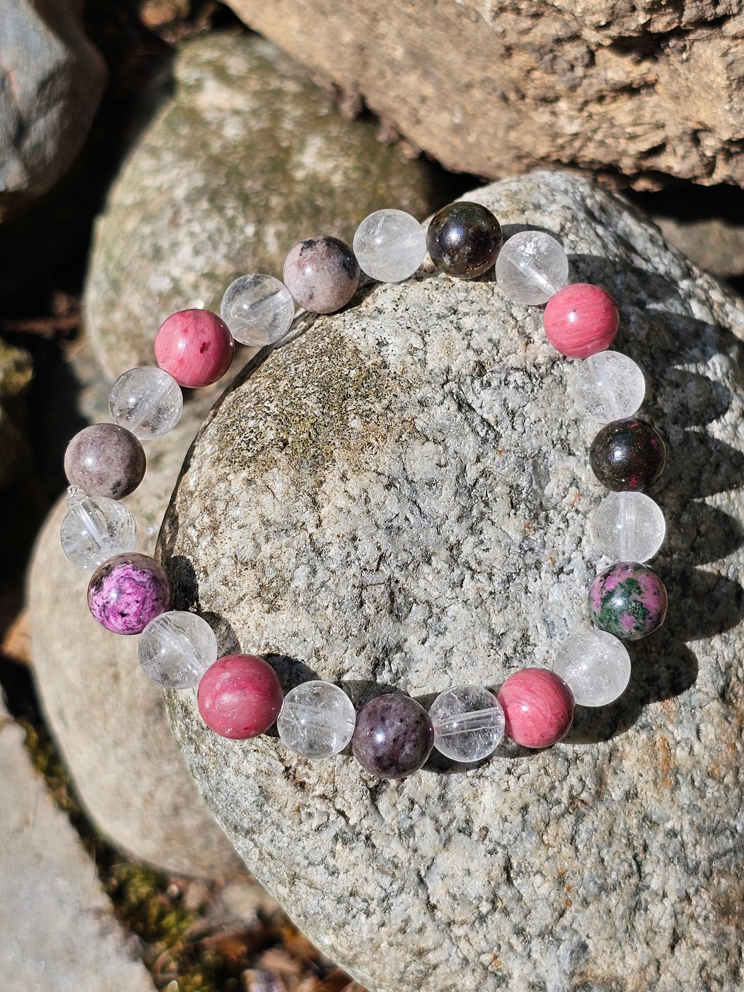 Bracelet Cobaltocalcite, Rhodonite et Cristal de roche 8mm