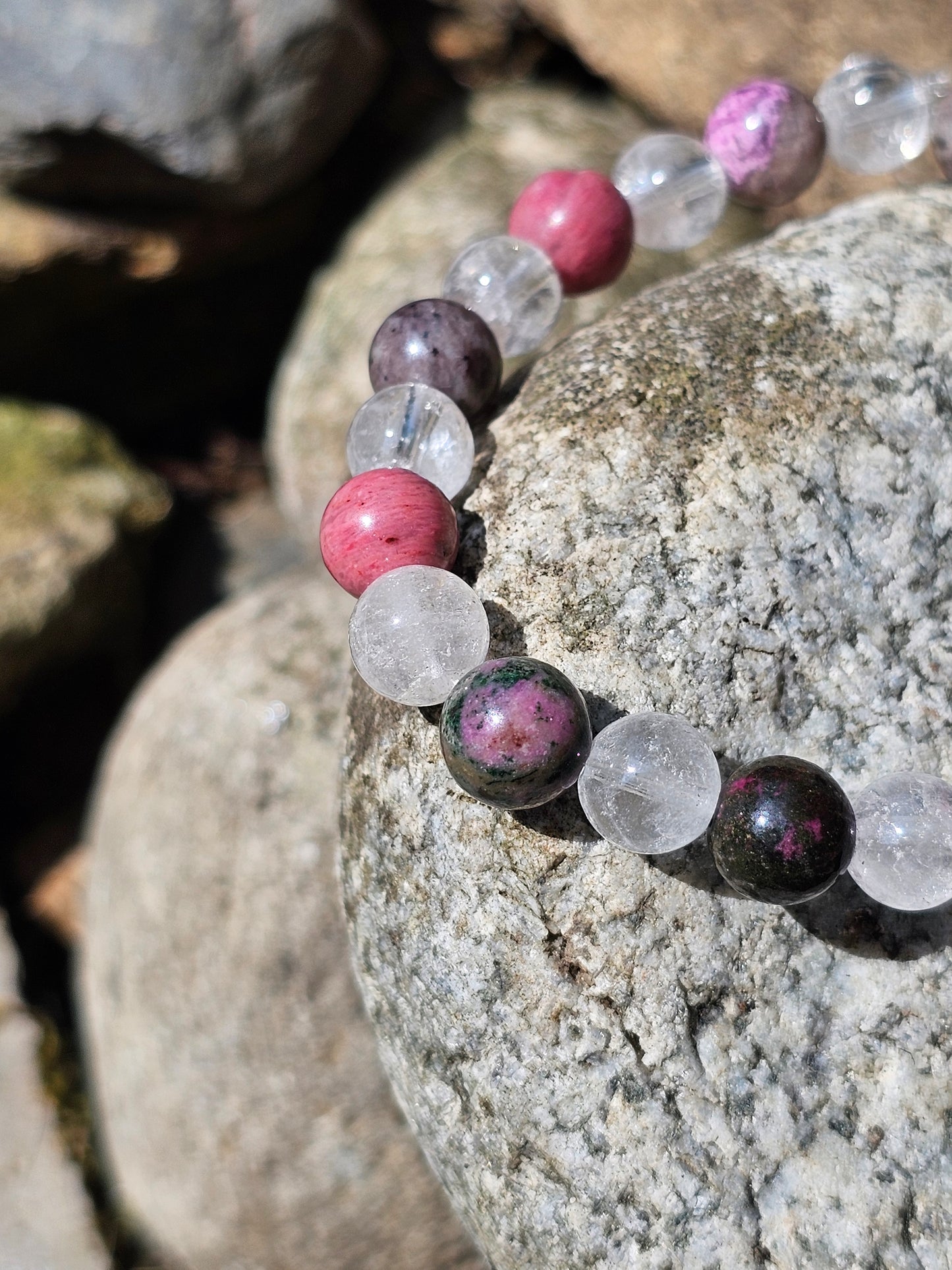 Bracelet Cobaltocalcite, Rhodonite et Cristal de roche 8mm