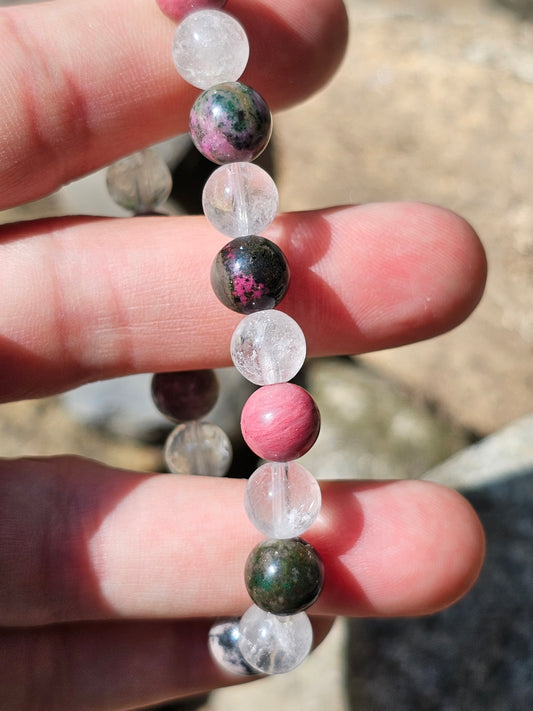 Bracelet Cobaltocalcite, Rhodonite et Cristal de roche 8mm