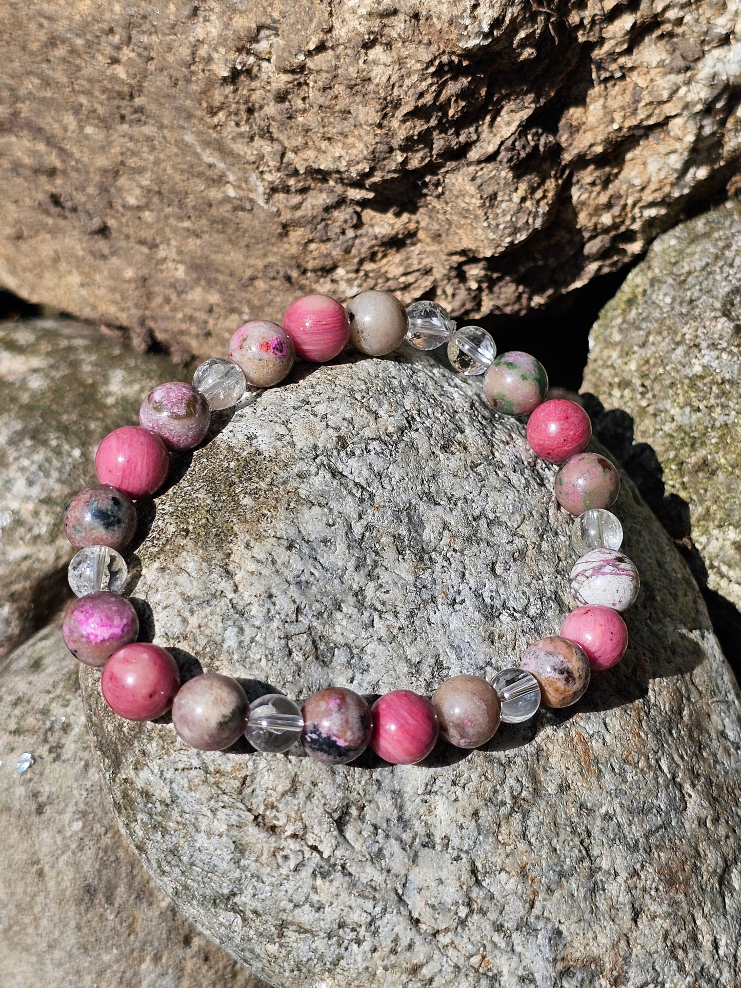 Bracelet Cobaltocalcite, Rhodonite et Cristal de roche