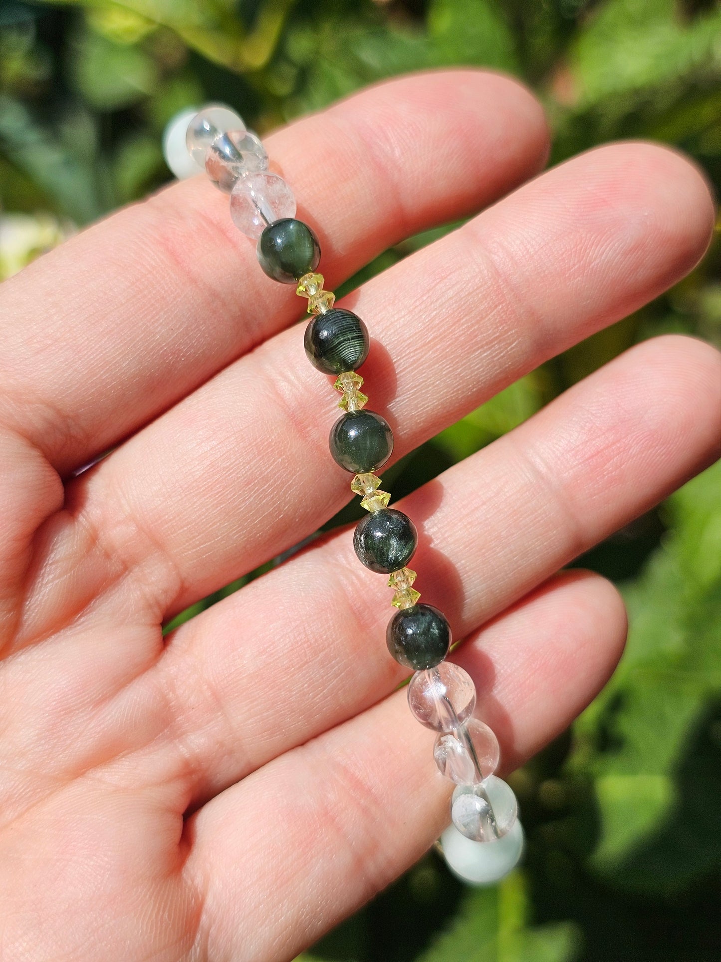 Bracelet Séraphinite, Garniérite, Péridot et cristal de roche