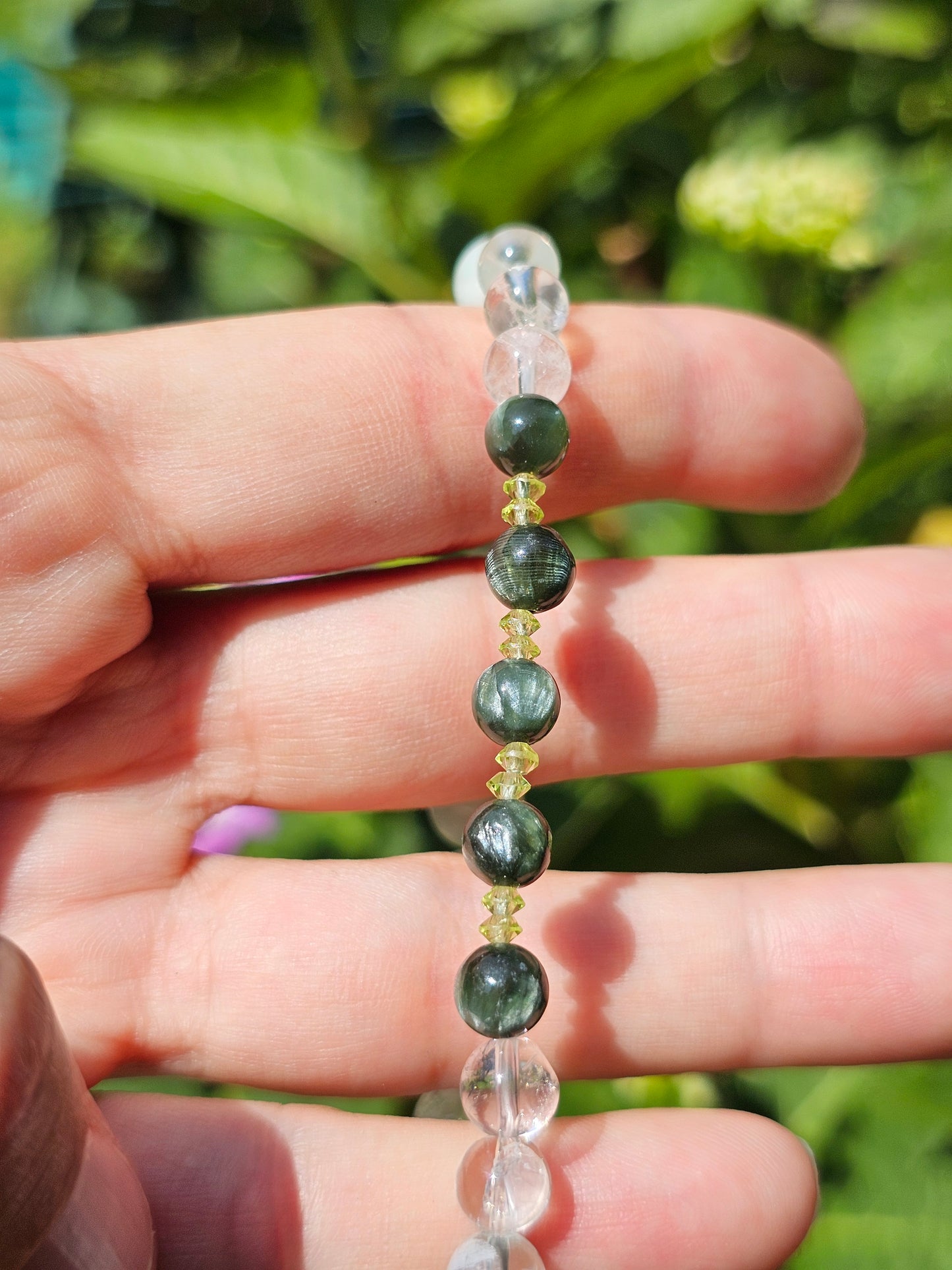 Bracelet Séraphinite, Garniérite, Péridot et cristal de roche