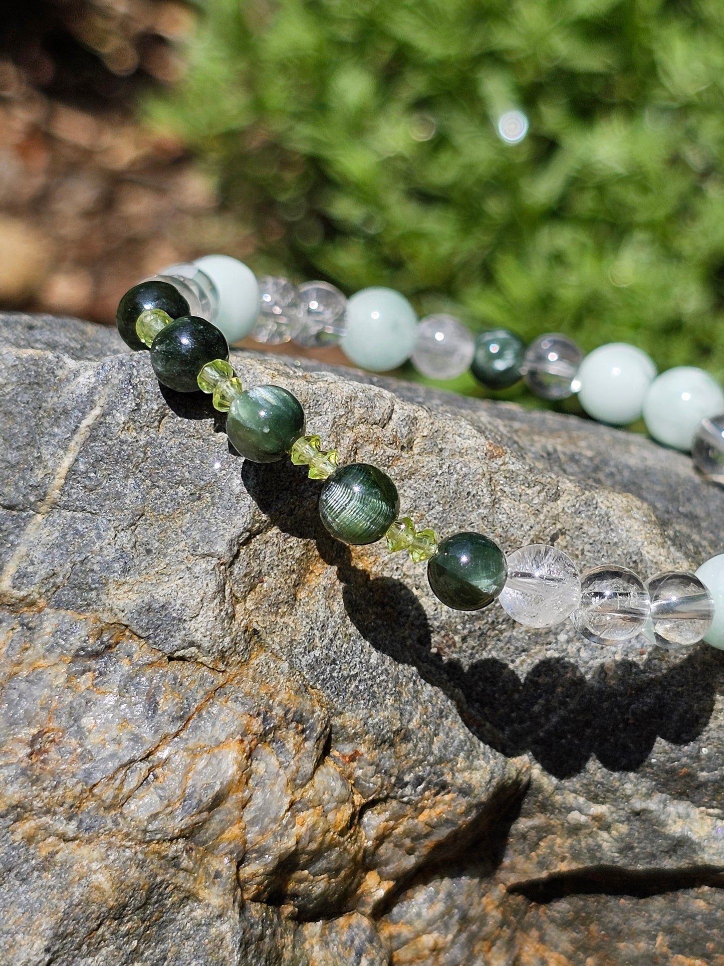 Bracelet Séraphinite, Garniérite, Péridot et cristal de roche