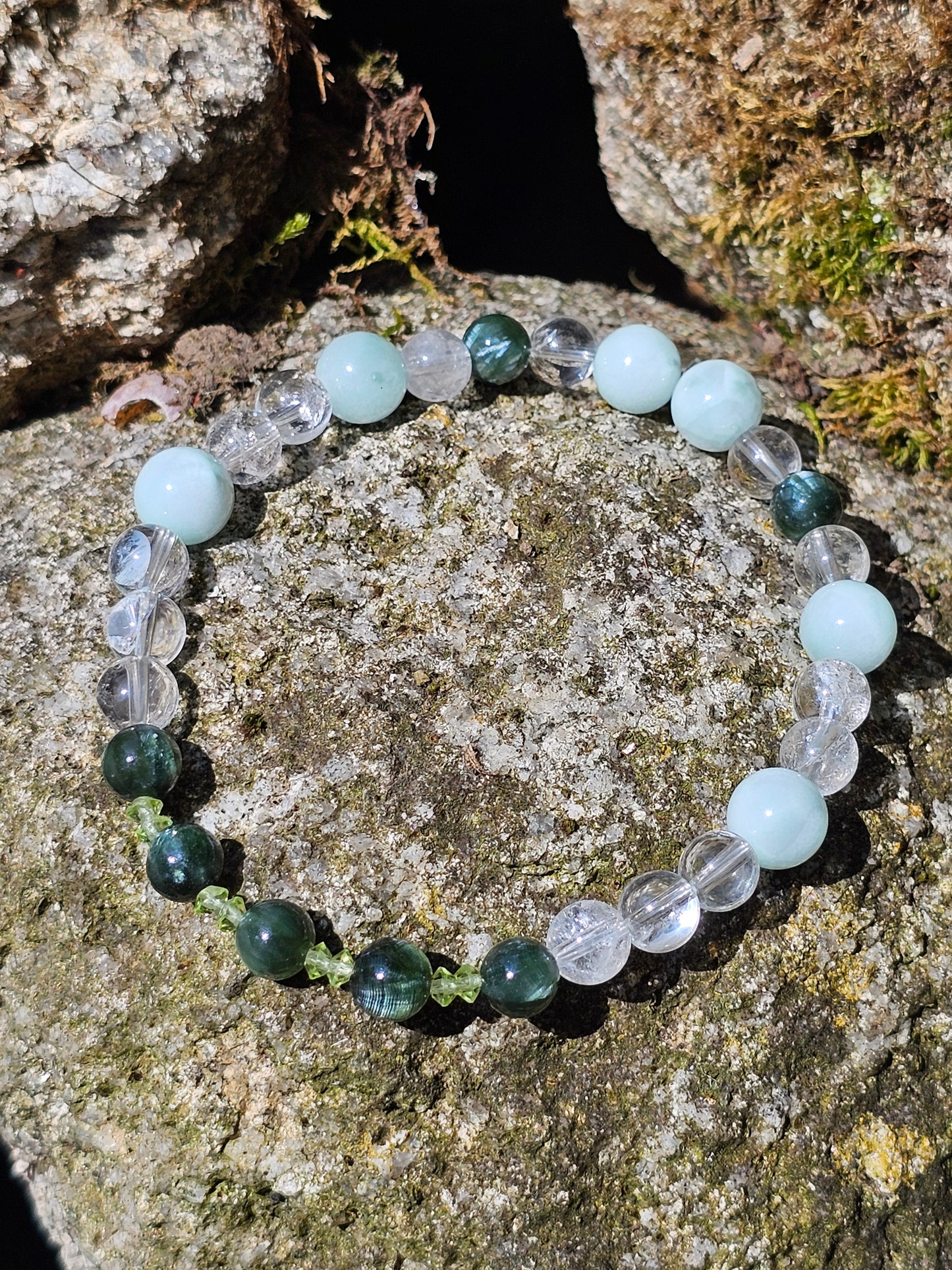 Bracelet Séraphinite, Garniérite, Péridot et cristal de roche