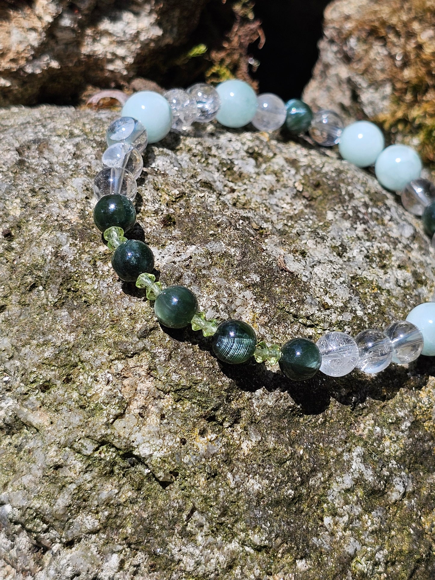 Bracelet Séraphinite, Garniérite, Péridot et cristal de roche