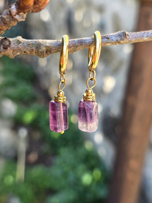 boucles d'oreilles en Fluorite et acier inoxydable
