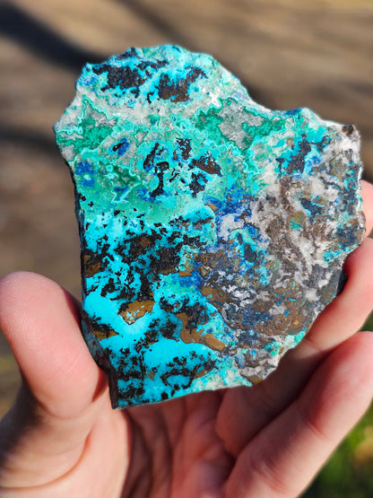 Tranche Chrysocolle, Shattuckite, Malachite, Cuprite, Calcite C