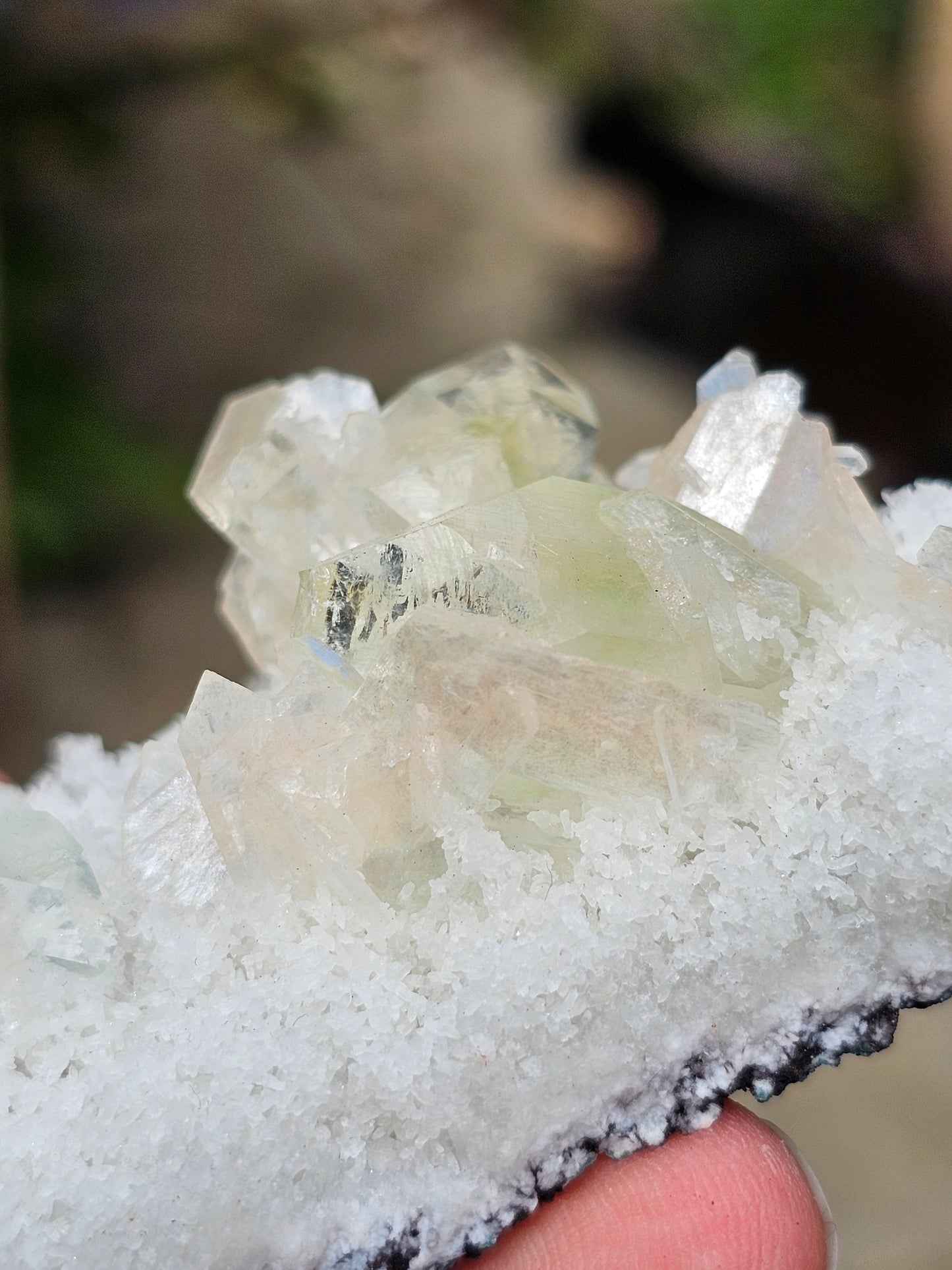 Apophyllite, apophyllite verte, stilbite sur Calcédoine blanche C