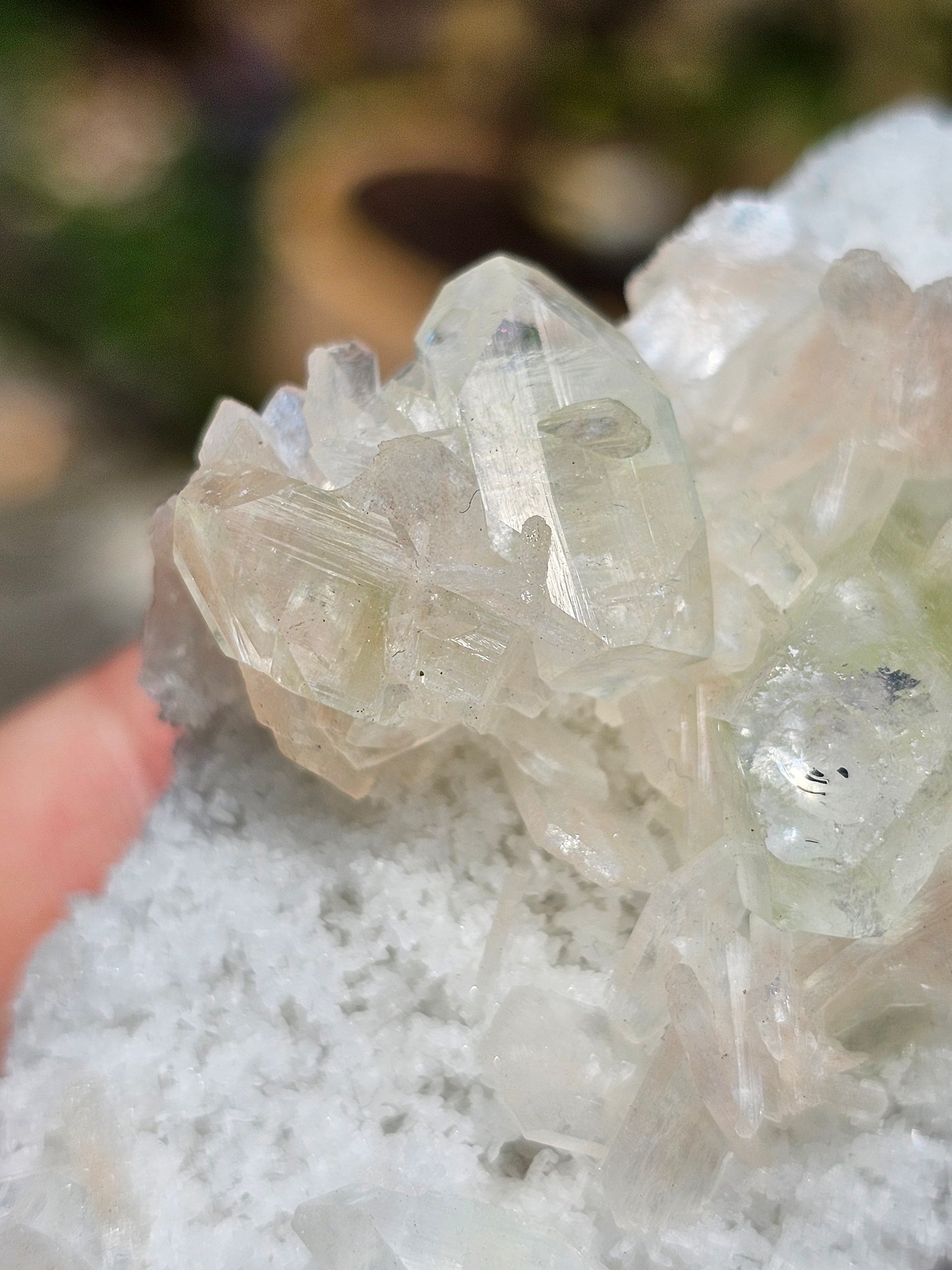 Apophyllite, apophyllite verte, stilbite sur Calcédoine blanche C