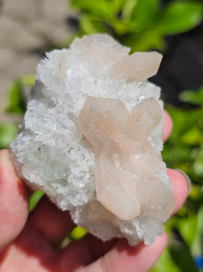 Apophyllite, apophyllite verte, stilbite sur Calcédoine blanche I