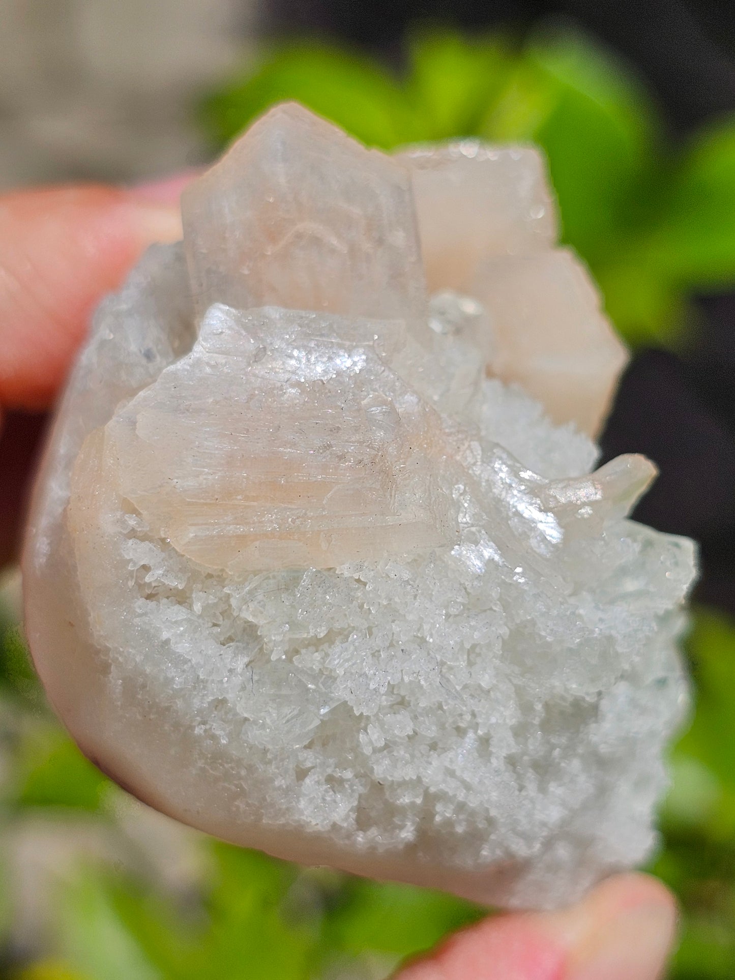 Apophyllite, apophyllite verte, stilbite sur Calcédoine blanche I