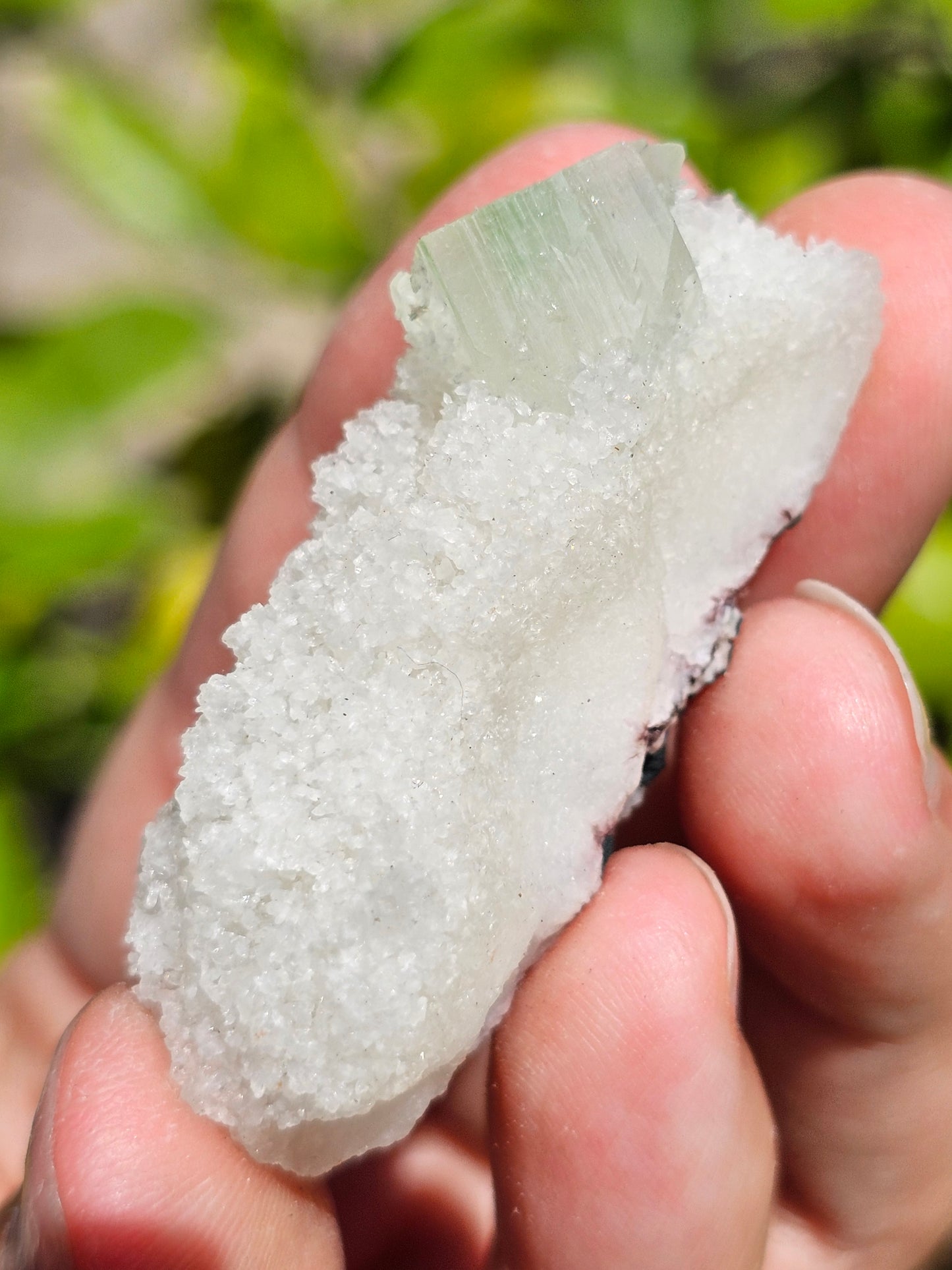 Apophyllite verte sur Calcédoine blanche M