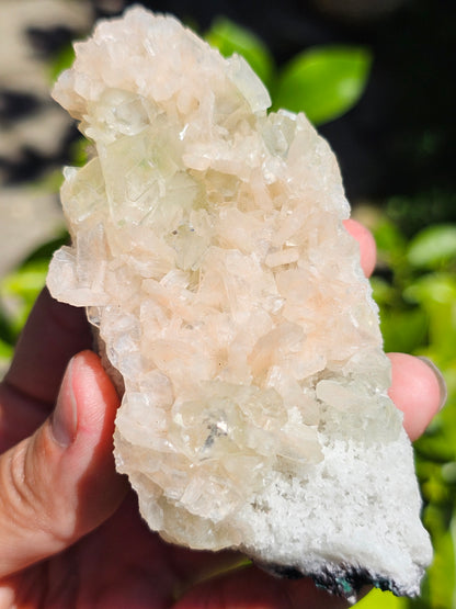 Apophyllite, Apophyllite verte, Stilbite sur Calcédoine blanche O