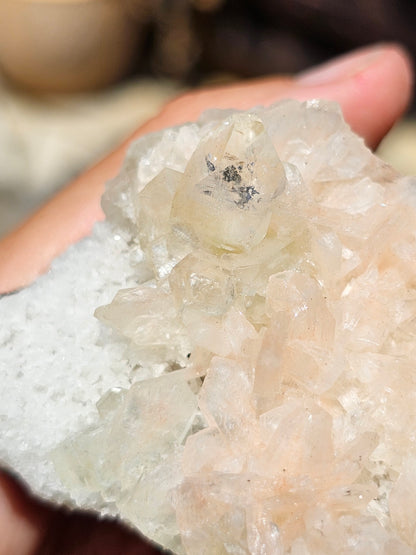 Apophyllite, Apophyllite verte, Stilbite sur Calcédoine blanche O