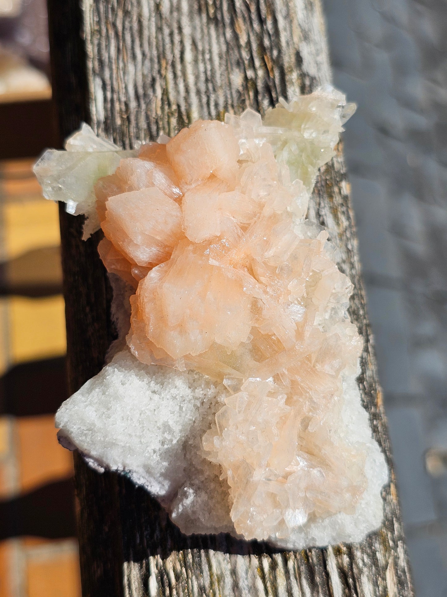 Apophyllite, Apophyllite verte, Stilbite sur Calcédoine blanche U