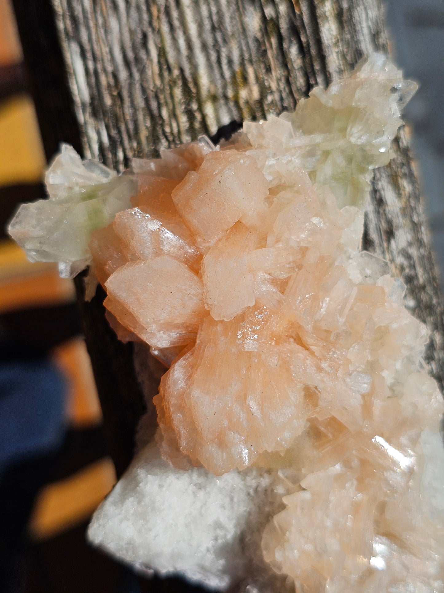 Apophyllite, Apophyllite verte, Stilbite sur Calcédoine blanche U