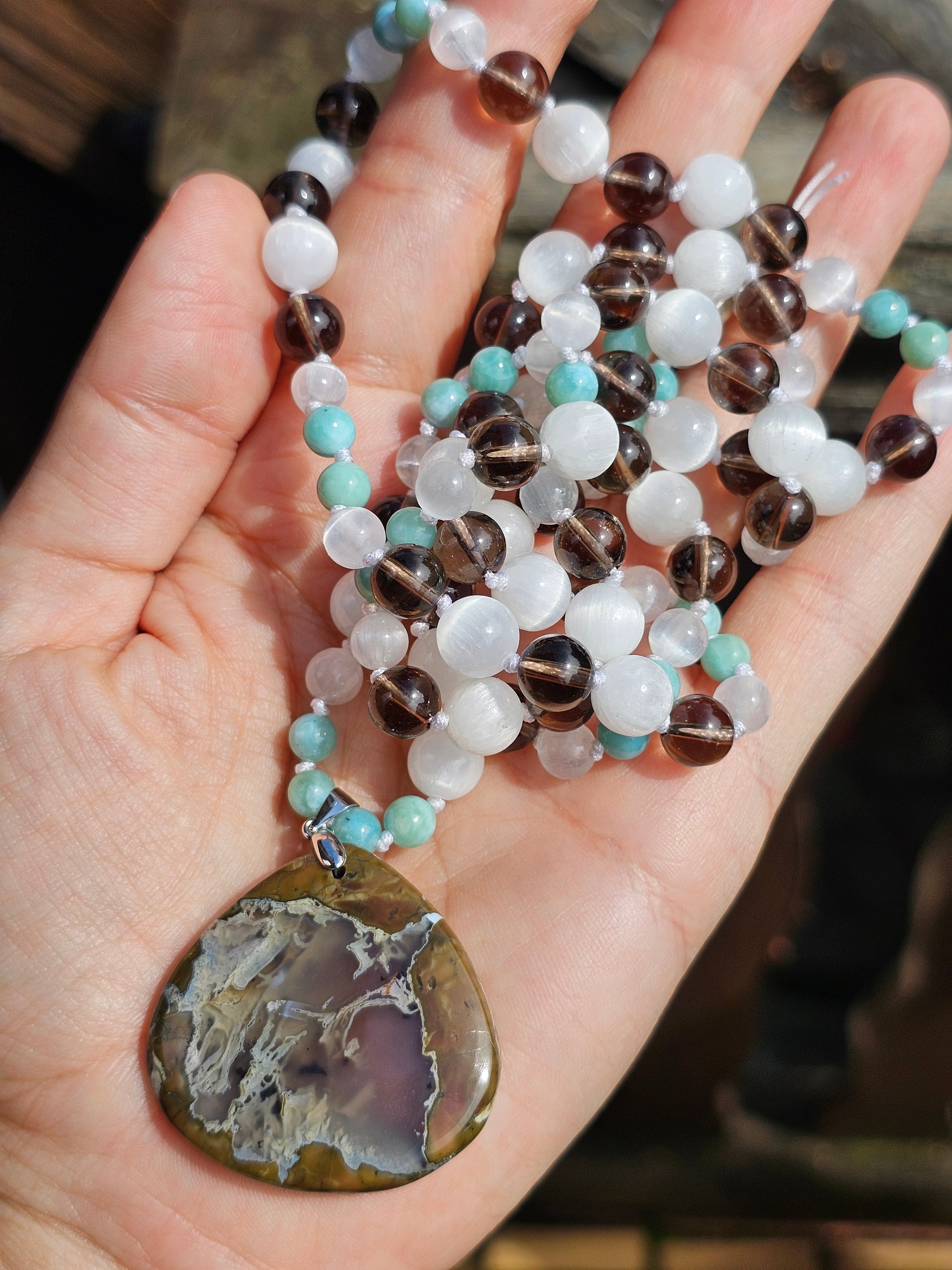 Mala Collier 108 perles naturelles de Larimar, Sélénite, quartz fumé et argent 925, agate priday ranch