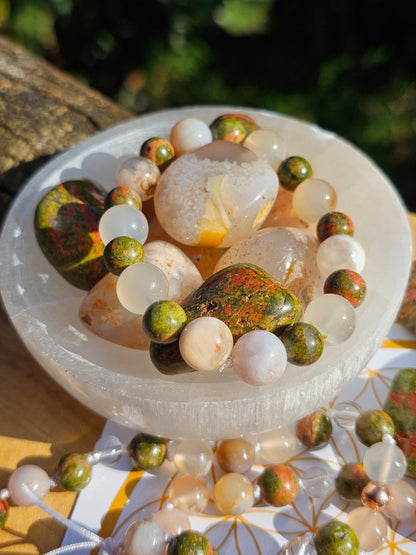 Bracelet Agate fleurs et Unakite