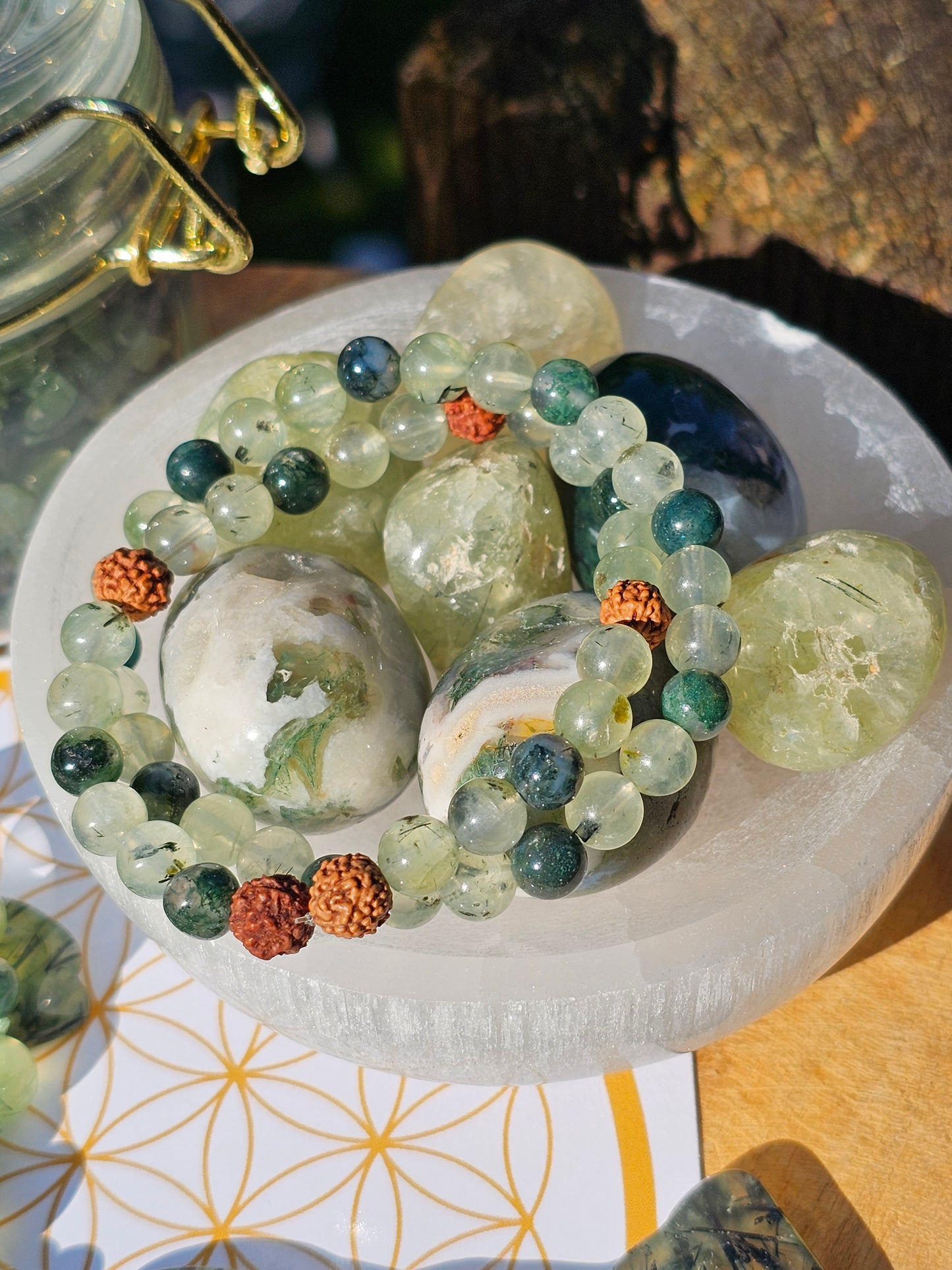 Bracelet Prehnite, Agate mousse et Rudraksha