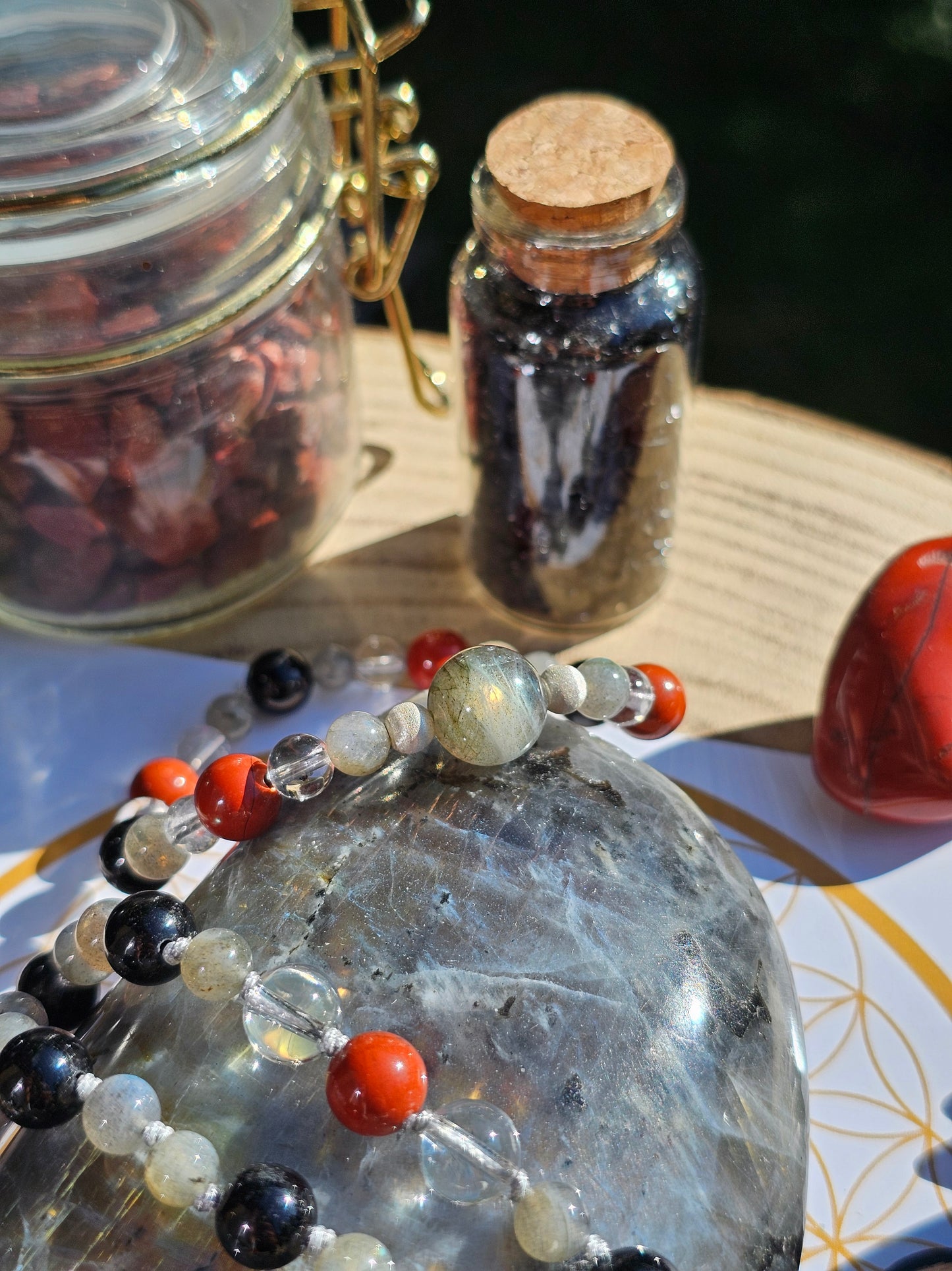 Bracelet Labradorite, jaspe rouge, tourmaline noire et cristal de roche