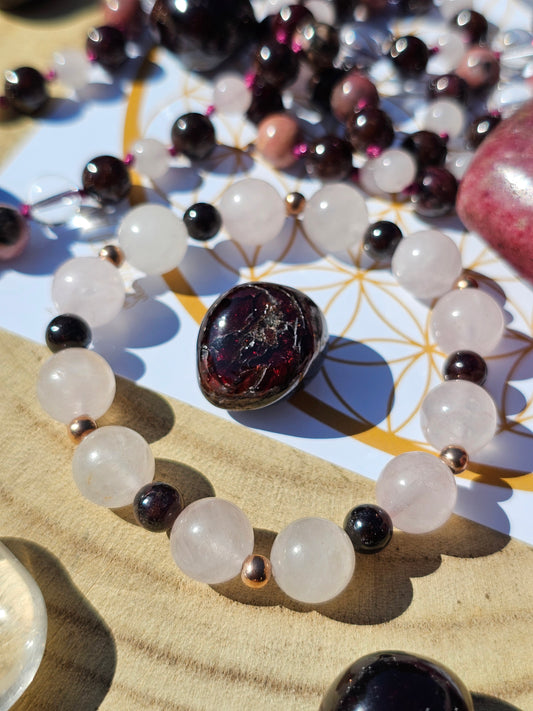 Bracelet Quartz rose, grenat almandin et argent rosé