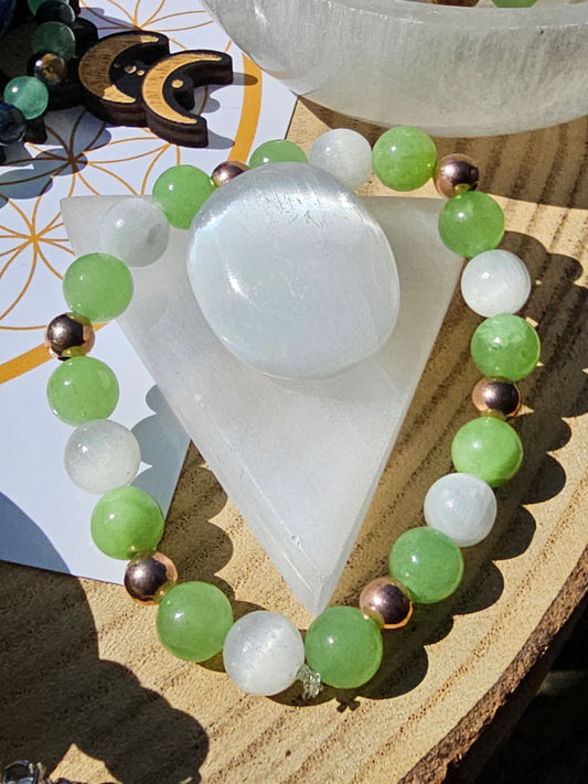 Bracelet Calcite verte, Sélénite et argent rosé