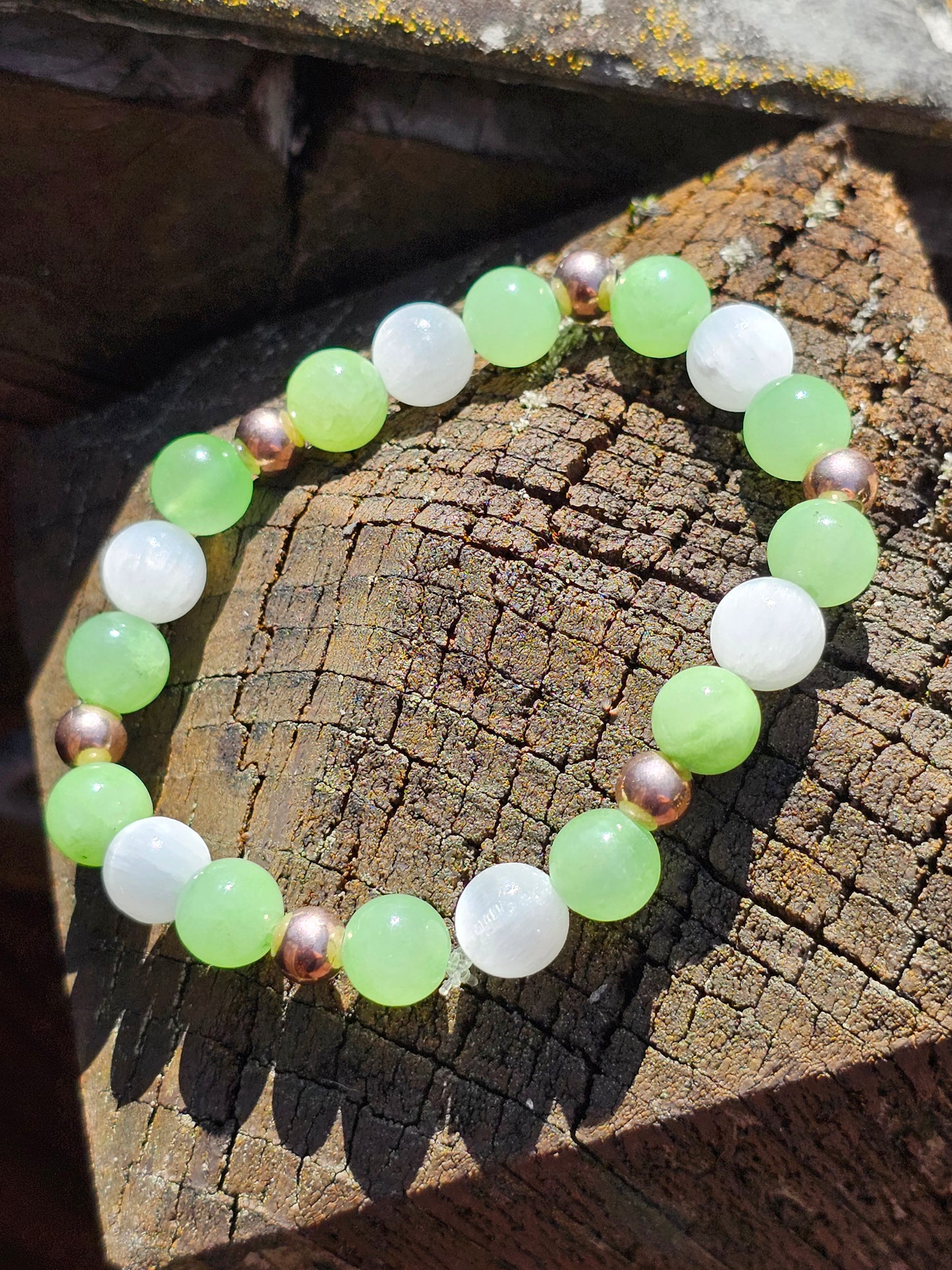 Bracelet Calcite verte, Sélénite et argent rosé