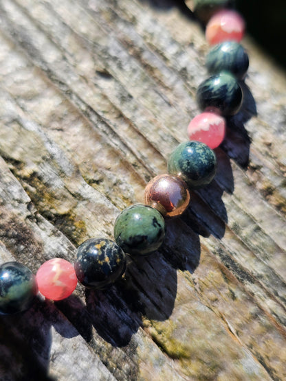 Bracelet Rhodochrosite, Jaspe Kambaba et argent rosé