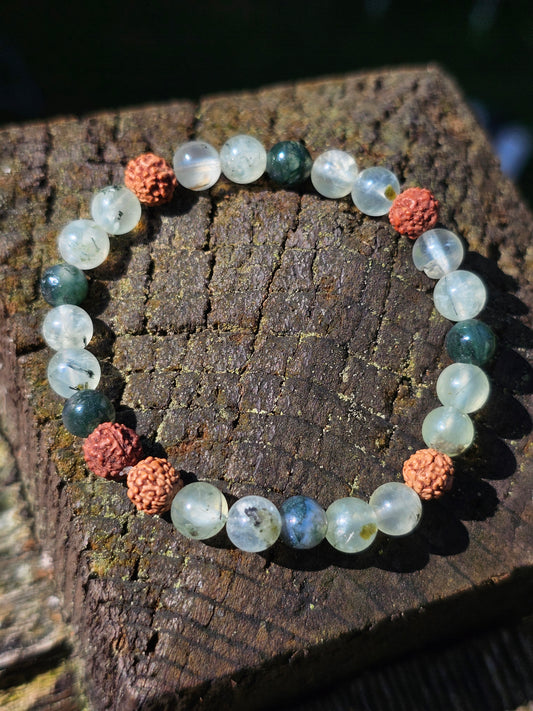 Bracelet Prehnite, Agate mousse et Rudraksha