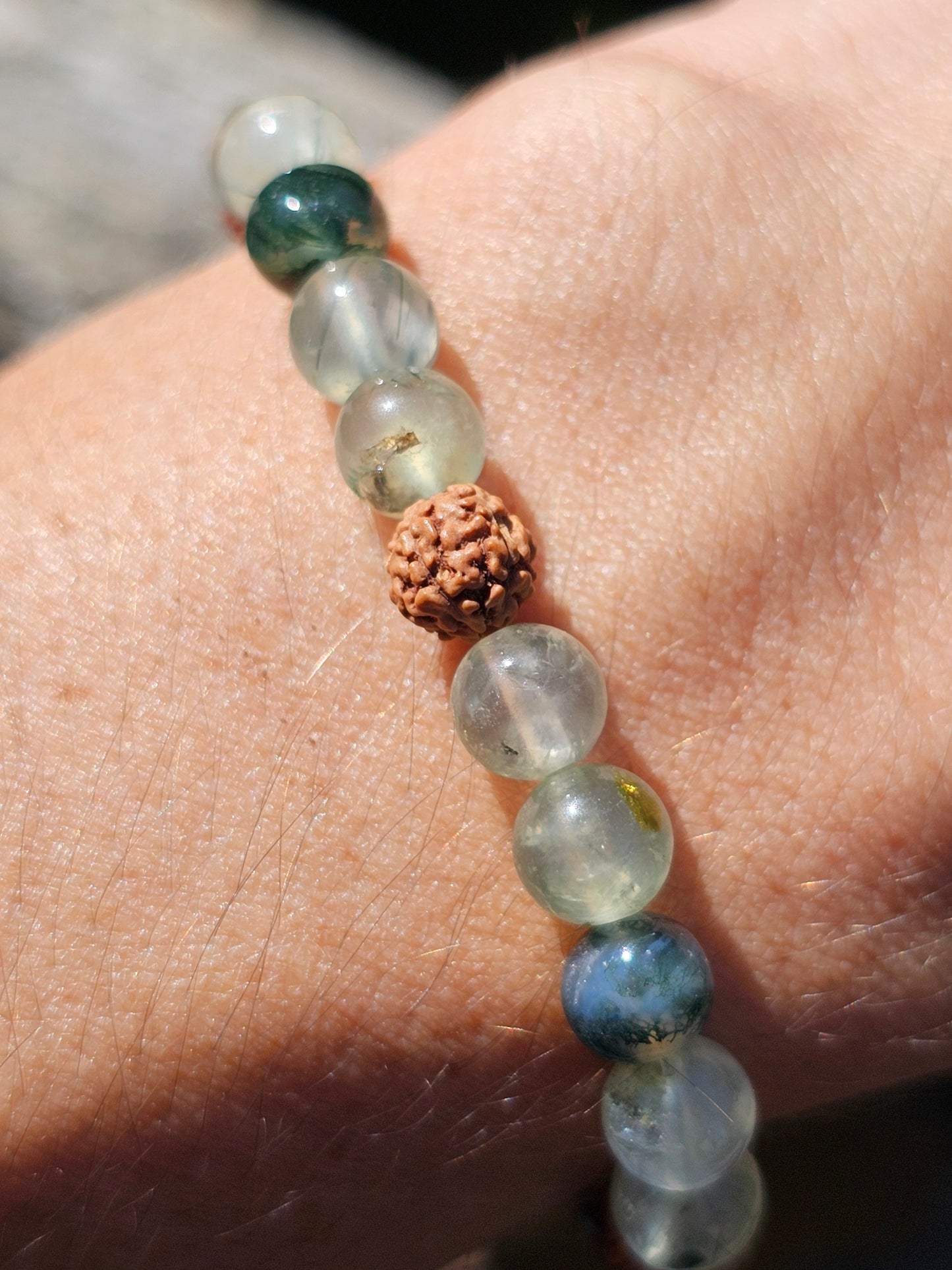 Bracelet Prehnite, Agate mousse et Rudraksha