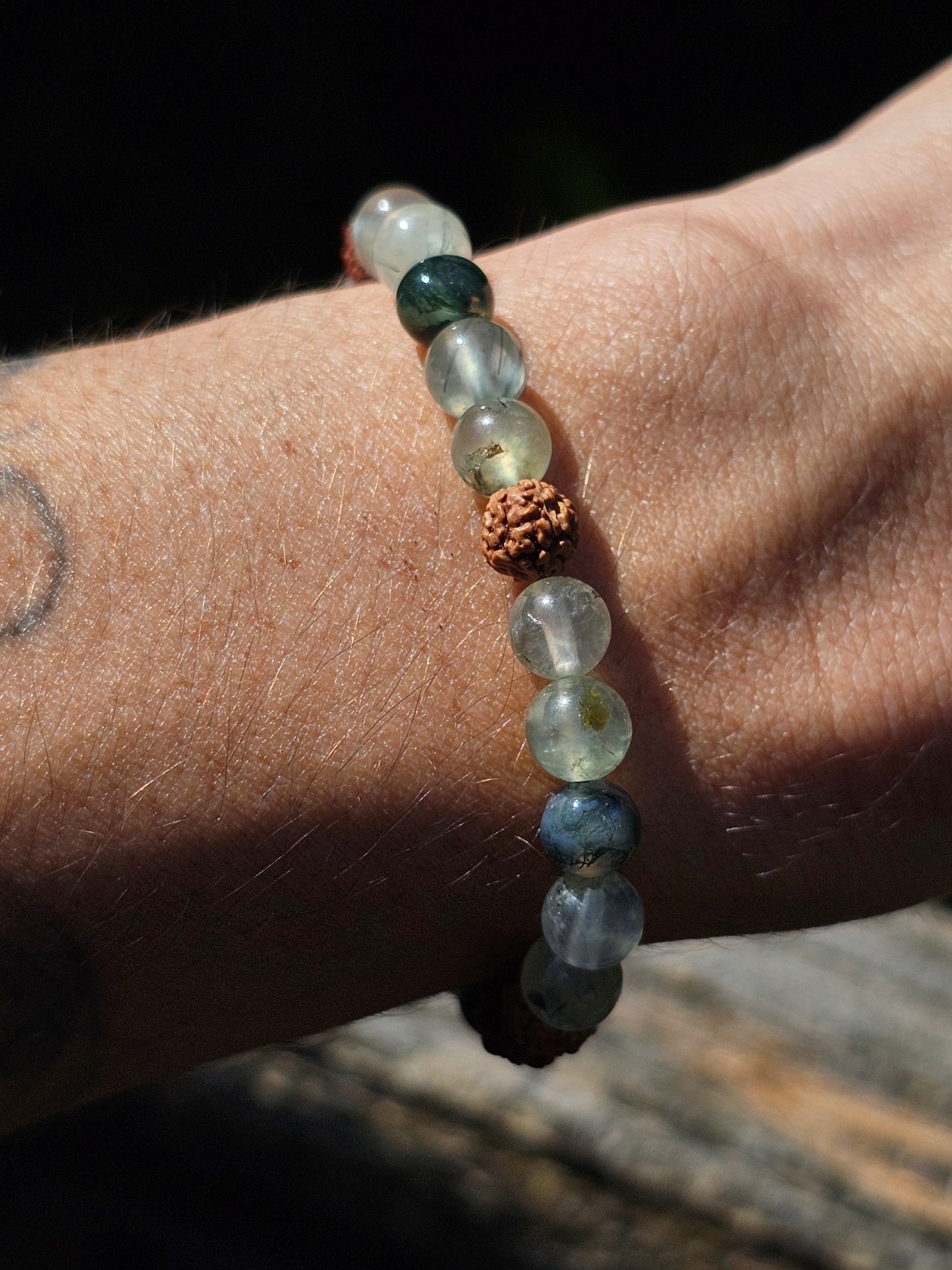 Bracelet Prehnite, Agate mousse et Rudraksha