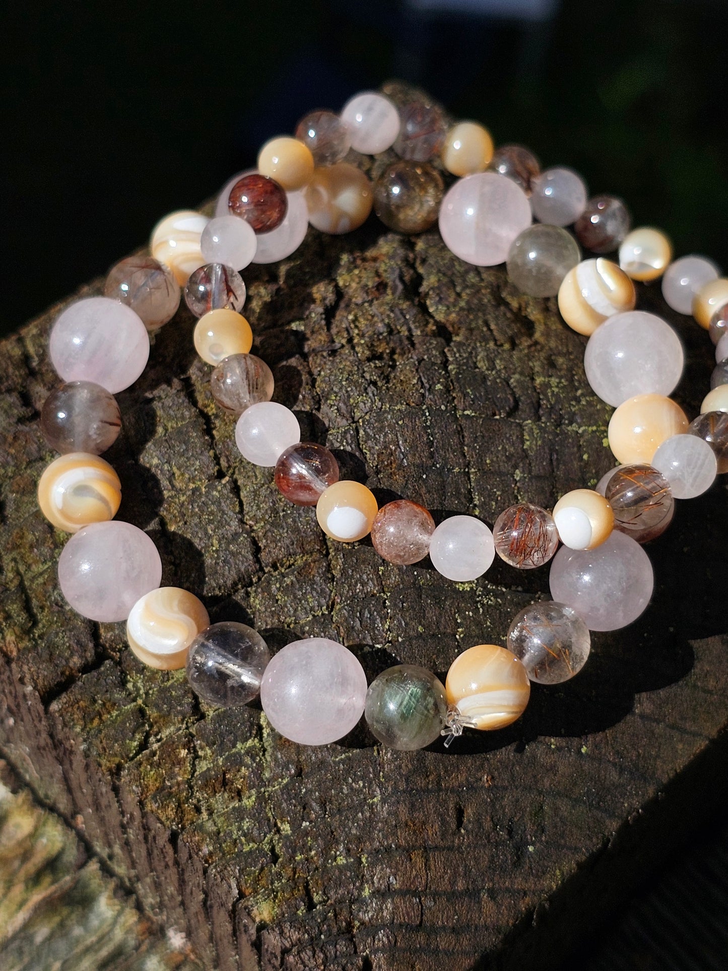 Bracelet Rutile, Quartz rose et nacre beige 6mm