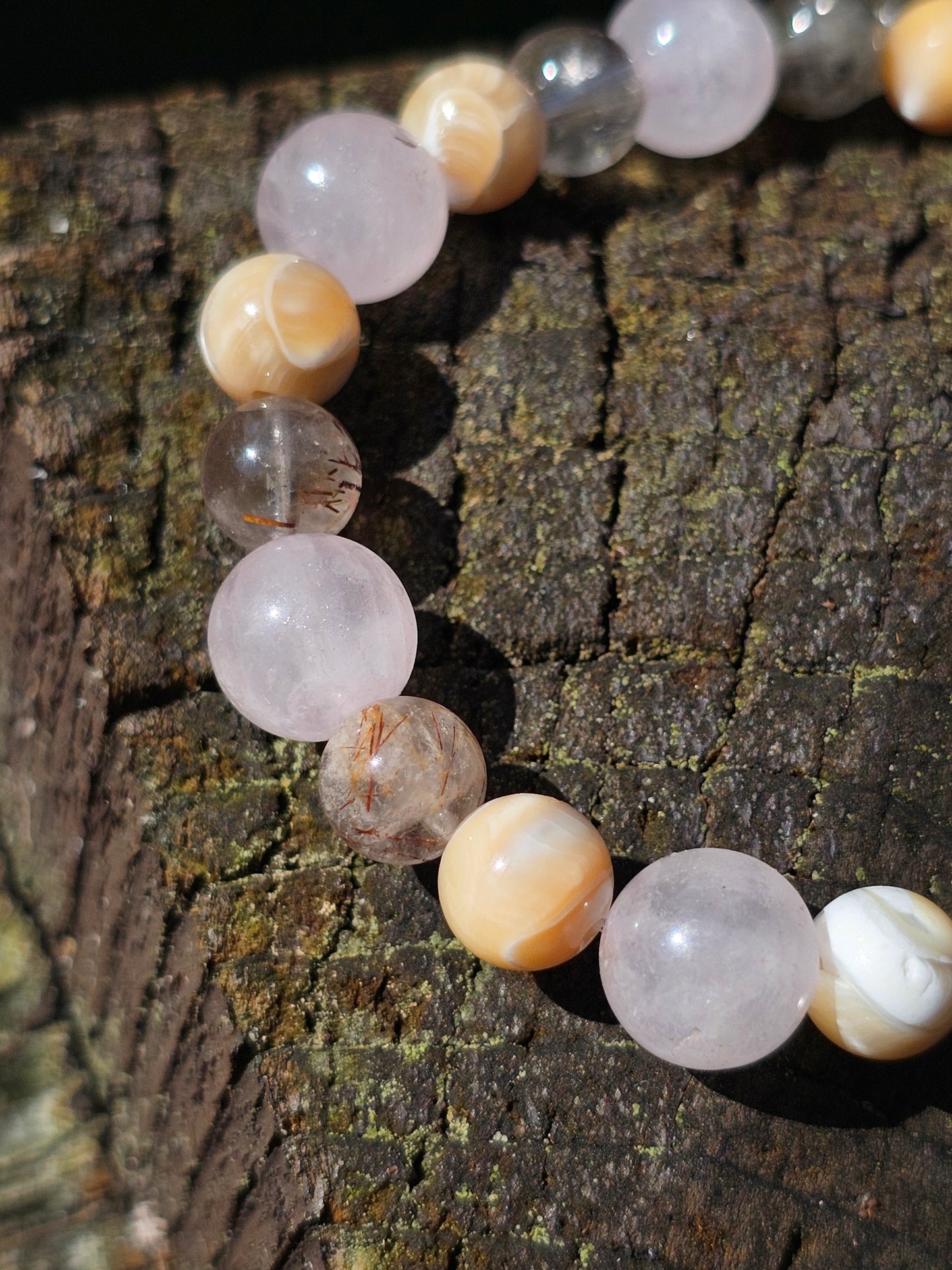 Bracelet Rutile, Quartz rose et nacre beige 8mm et 10mm