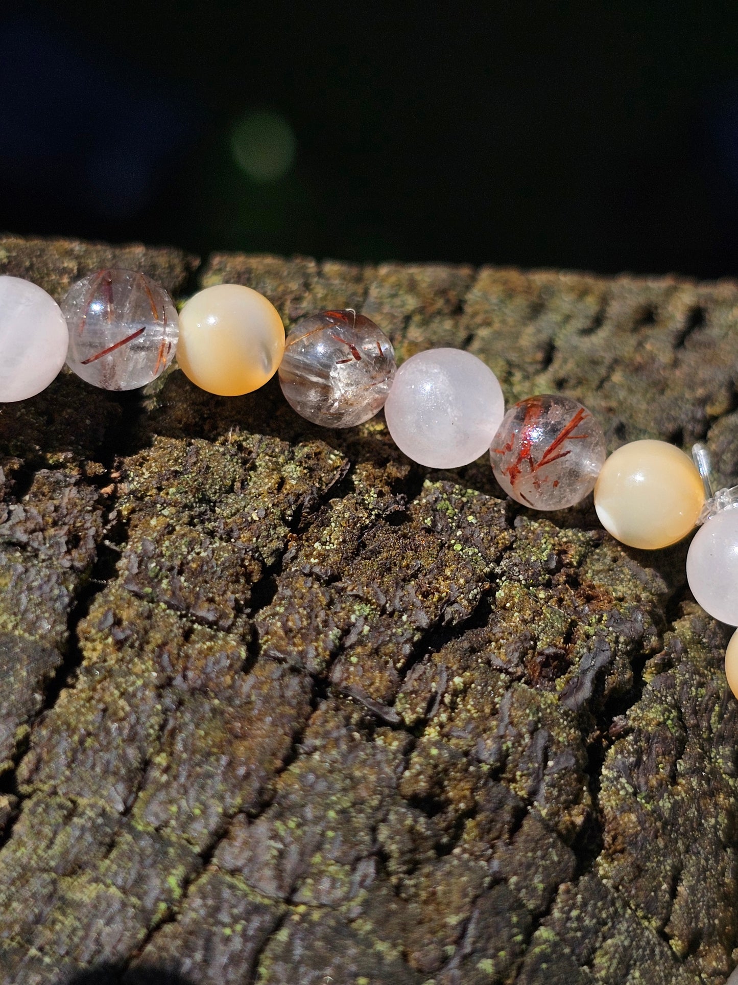 Bracelet Rutile, Quartz rose et nacre beige 6mm