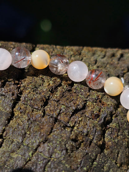 Bracelet Rutile, Quartz rose et nacre beige 6mm