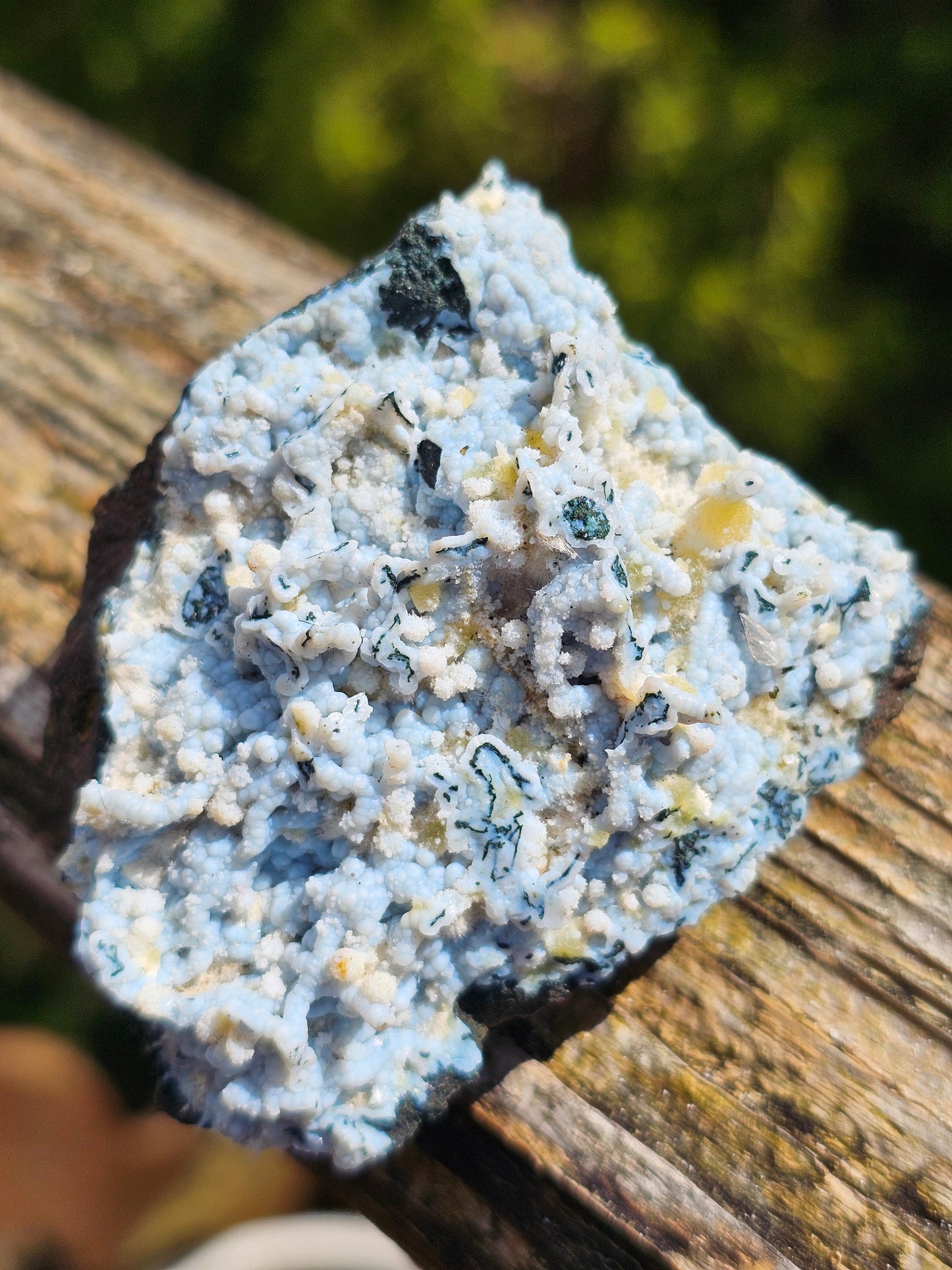 Calcédoine corail bleu avec Okénite, calcite et agate mousse CC18