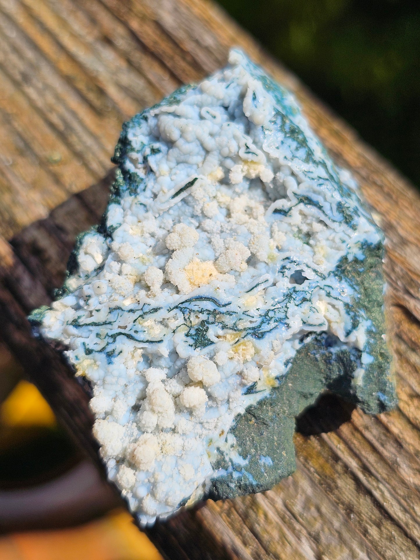 Calcédoine corail bleu avec Okénite, calcite et agate mousse CC22