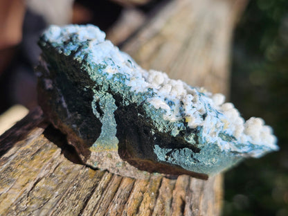 Calcédoine corail bleu avec Okénite, calcite et agate mousse CC22