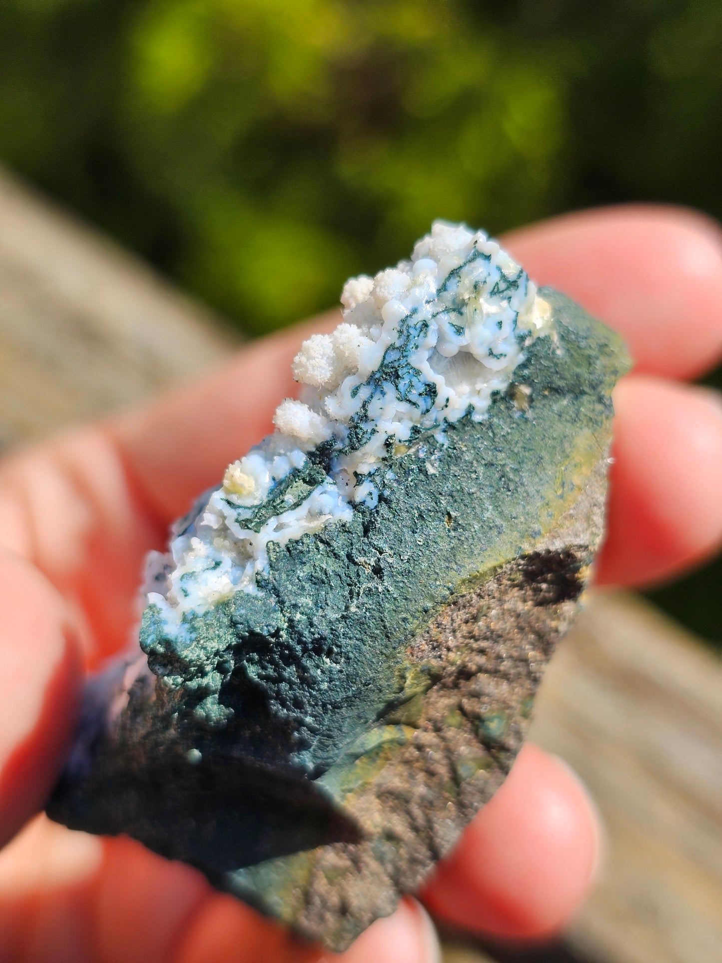 Calcédoine corail bleu avec Okénite, calcite et agate mousse CC22