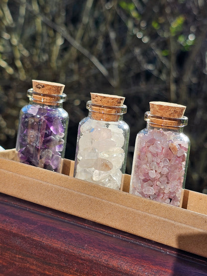 Coffret Fioles Améthyste/Quartz rose/Cristal de roche