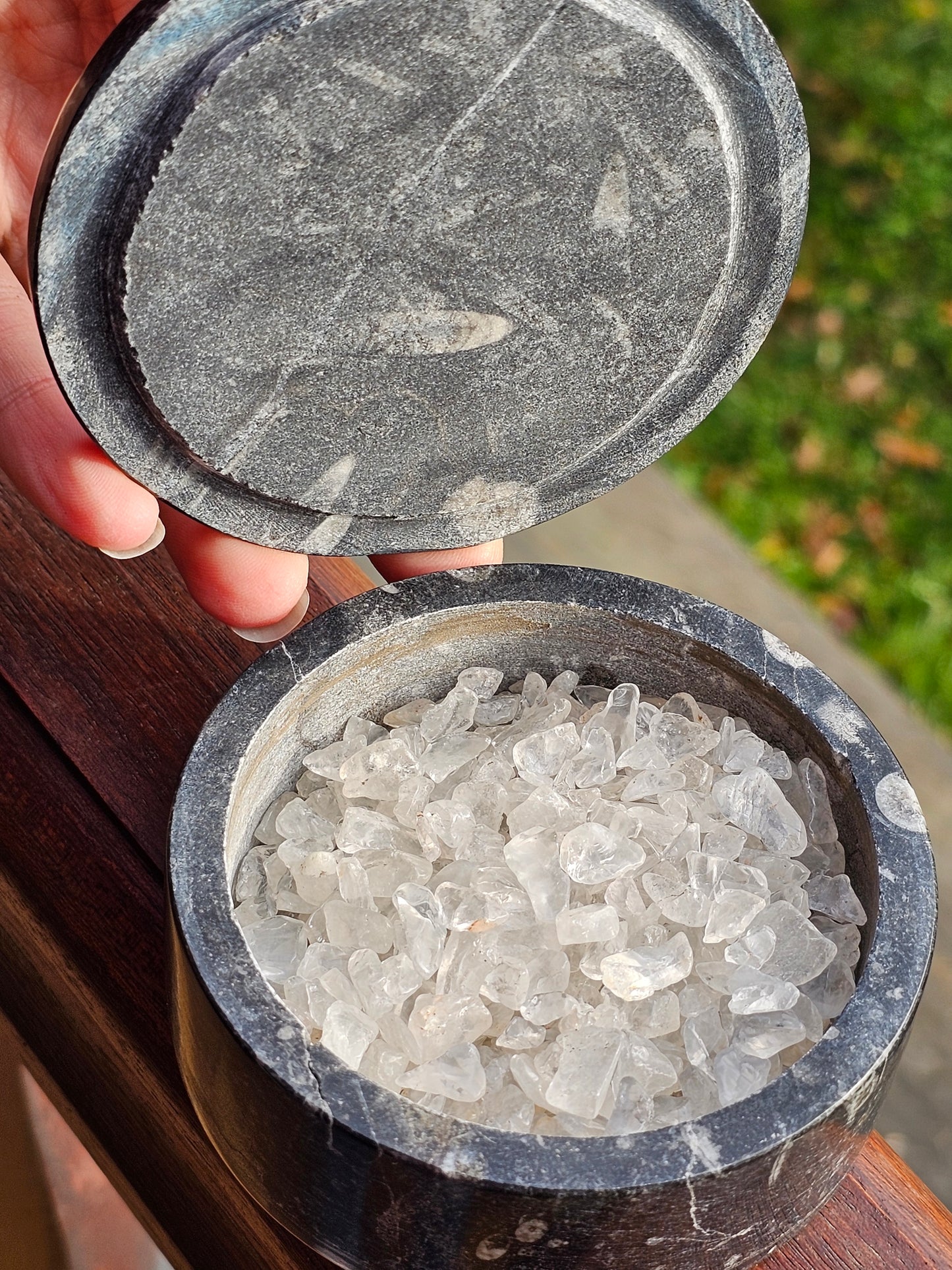 Boîte en Orthoceras avec chips de cristal de roche C