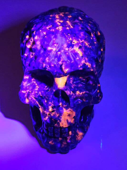 incroyable crâne en Yooperlite réactive à la lumière ultra violette